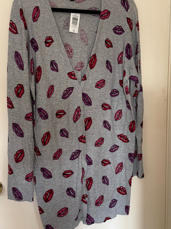torrid Sweaters - torrid Gray Button-Front Cardigan with Red & Purple Lip Print